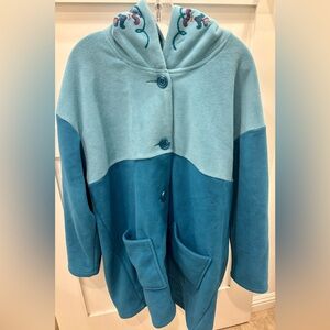 Coldwater Creek Women’s Teal and Light Blue Embroidered Hooded  Fleece Jacket